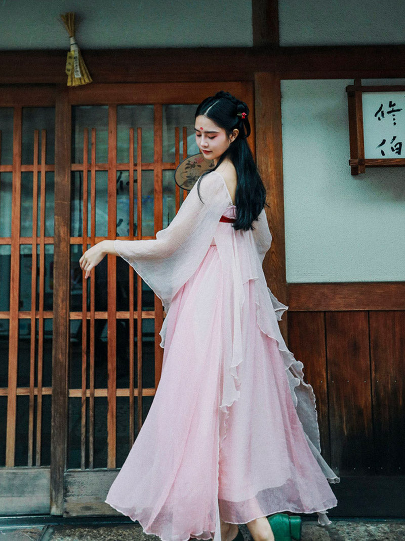 Handmade Pink Modern Hanfu Dess Daily Hanfu Skirt Chinese Style Chiffon Fairy Dress-Lovesyouforever