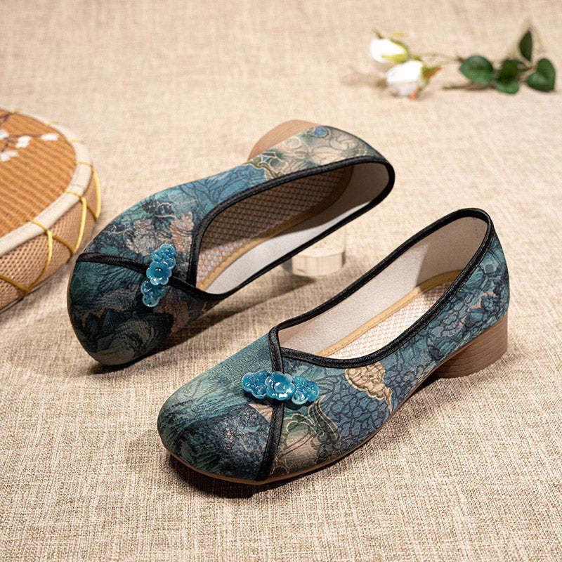 Retro Chinese Print Low Heel Loafers Casual Shoes for Women-Lovesyouforever