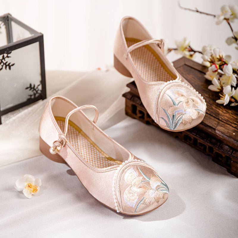 Orchid Flower Embroidery Ankle Strap Low Heel Shoes-Lovesyouforever