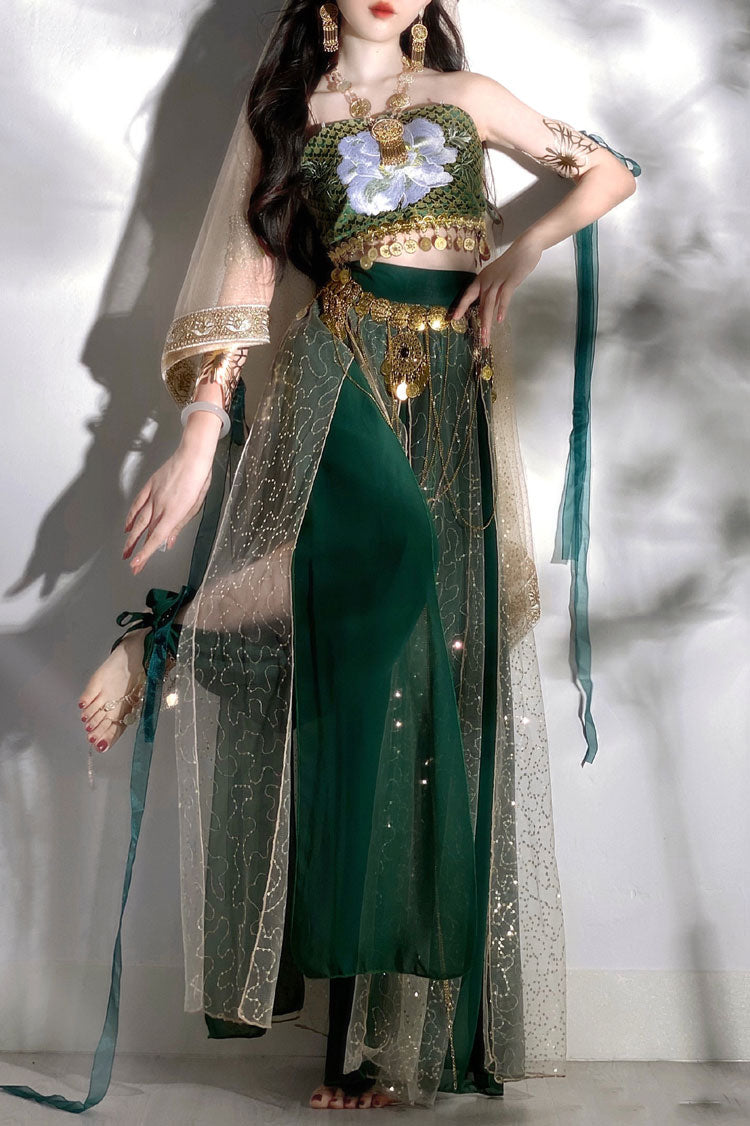 Vintage Green Embroidered Dunhuang Feitian Cosplay Hanfu Costume Three-Piece Set-Lovesyouforever