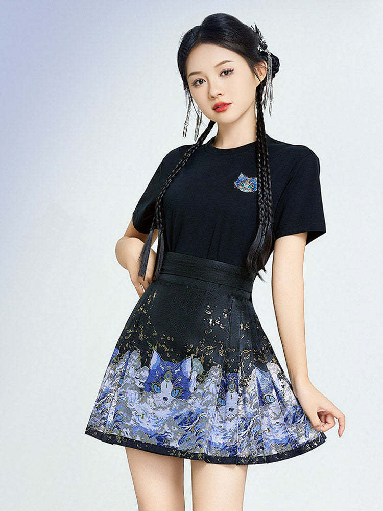 Shan Hai Jing: Spirit Cat Series – Woven Gold Mini Mamianqun Modern Hanfu Skirt Set-Lovesyouforever