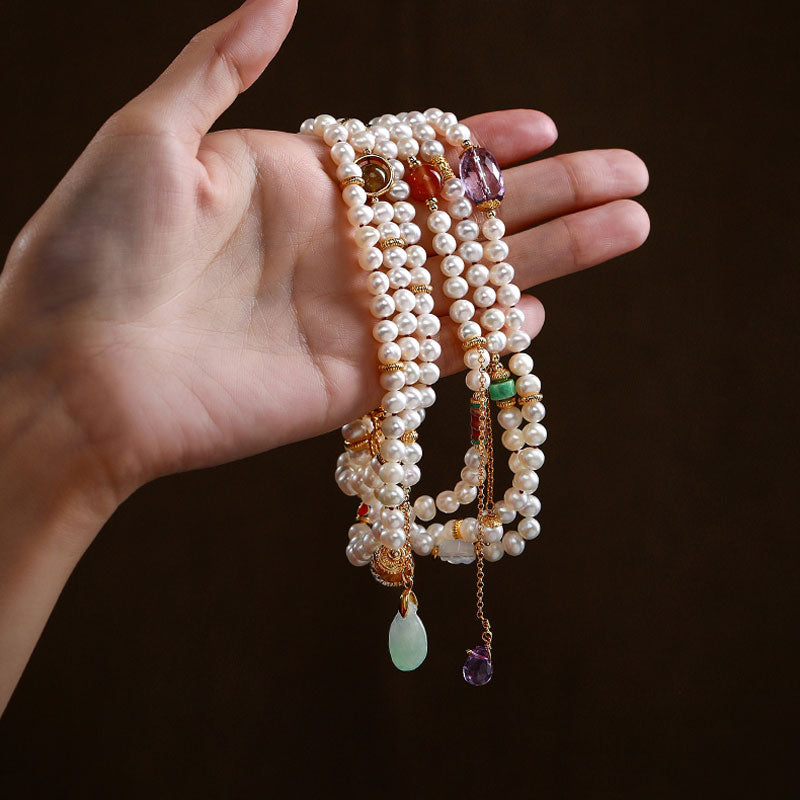 Exclusive Design Chinese Style Vintage Pearl Necklace with Fine Jade Tourmaline Gems-Lovesyouforever