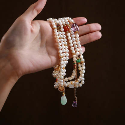 Exclusive Design Chinese Style Vintage Pearl Necklace with Fine Jade Tourmaline Gems-Lovesyouforever