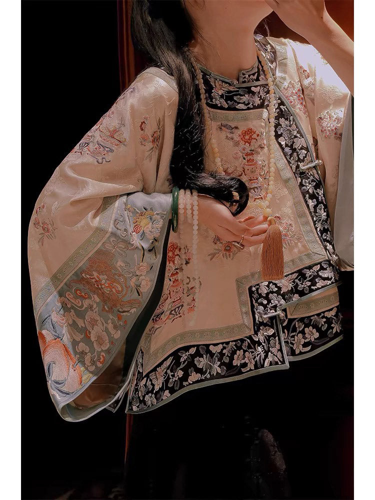 New Chinese-style Beige Han Elements Printed Jacquard Blouse Top with Traditional Frog Closure-Lovesyouforever