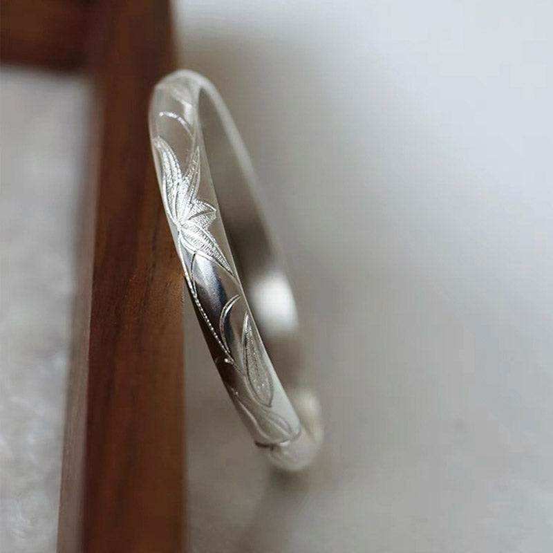Hand Carved Vintage Chinese Bamboo Leaf Pattern Pure Solid Silver Bangle Bracelet Jewelry Gift-Lovesyouforever