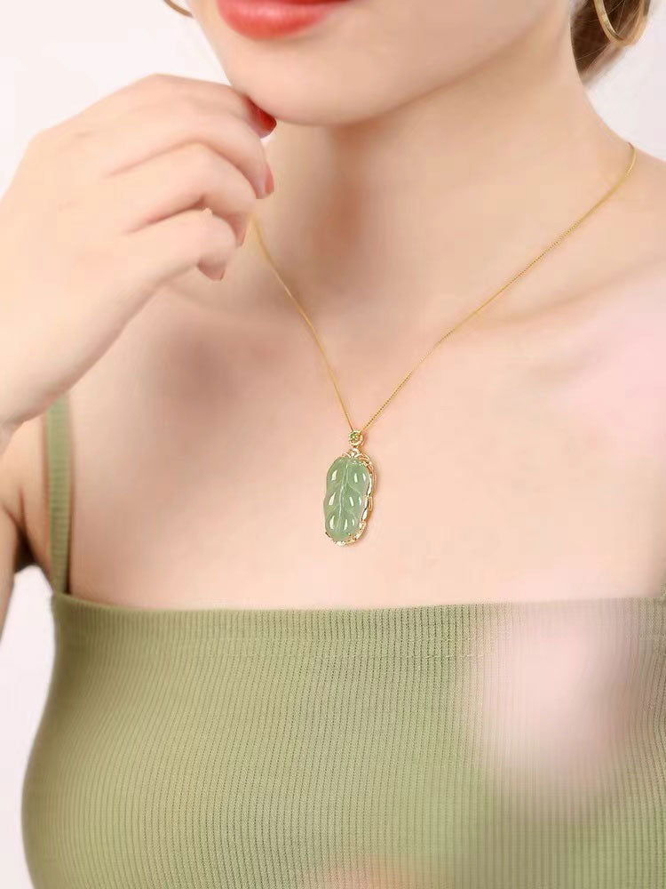 18K Gold Inlay Natural Ice Jadeite Jade Chinese「Jin Zhi Yu Ye」Golden Branch and Jade Leave Pendant Necklace-Lovesyouforever