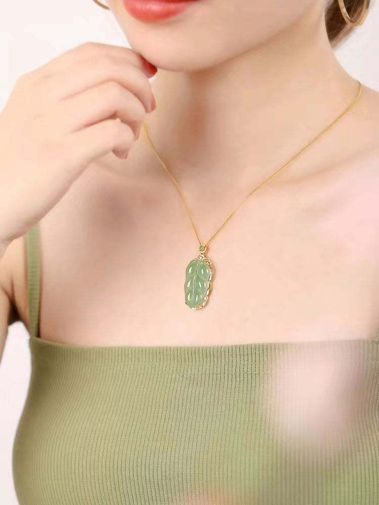 18K Gold Inlay Natural Ice Jadeite Jade Chinese「Jin Zhi Yu Ye」Golden Branch and Jade Leave Pendant Necklace-Lovesyouforever