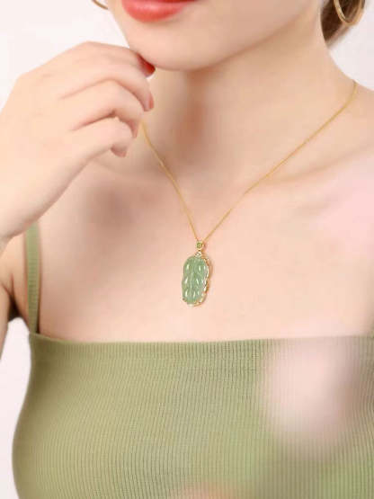 18K Gold Inlay Natural Ice Jadeite Jade Chinese「Jin Zhi Yu Ye」Golden Branch and Jade Leave Pendant Necklace-Lovesyouforever