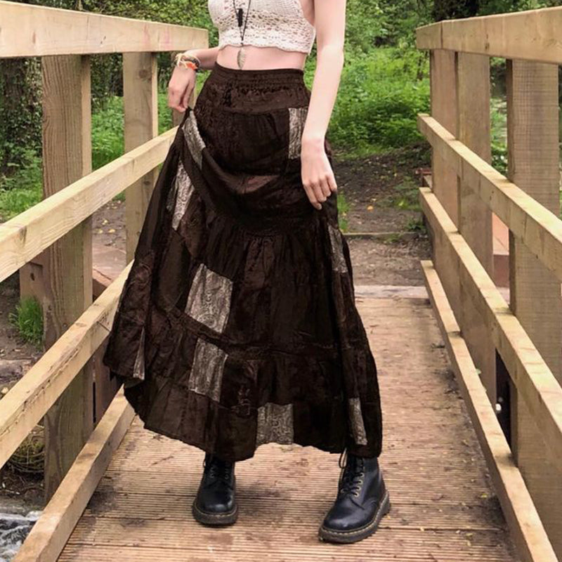 Vintage Velvet Patchwork Retro Tribal Print Skirt: Embrace the Wasteland Fashion Trend-Lovesyouforever