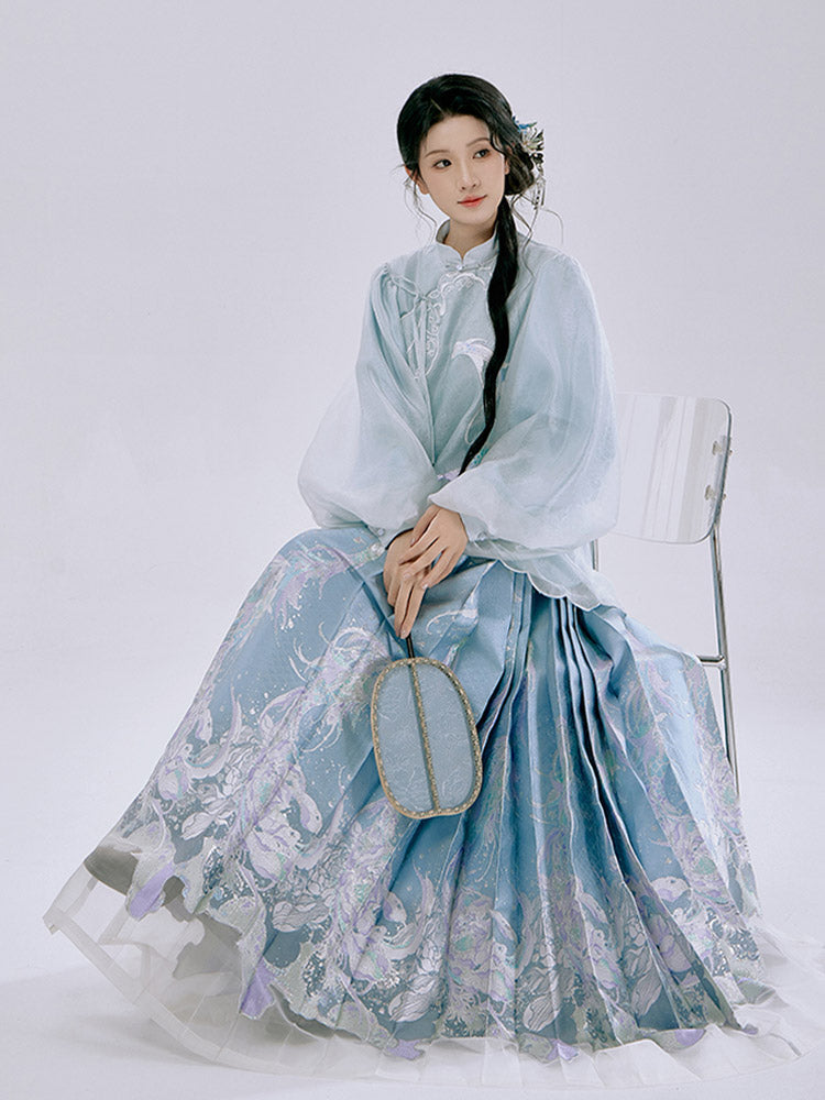 Spiritual Fish and Sea Waves – Dreamy Blue Hanfu Set with Horse Face Skirt Mamianqun Set-Lovesyouforever