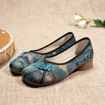 Retro Chinese Print Low Heel Loafers Casual Shoes for Women-Lovesyouforever