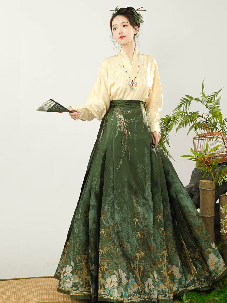 Flickering Bamboo Shadows - Green Vintage Woven Gold Mamianqun Skirt-Lovesyouforever