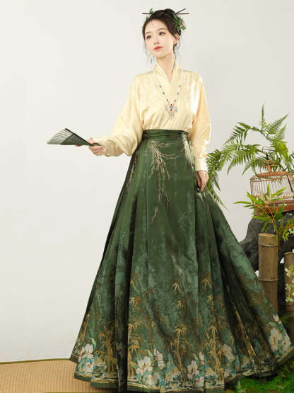 Flickering Bamboo Shadows - Green Vintage Woven Gold Mamianqun Skirt-Lovesyouforever