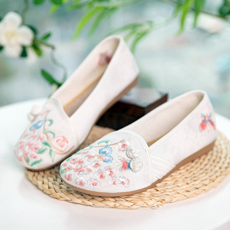 Delicate Butterfly and Pink Peach Blossom Embroidered Shoes-Lovesyouforever