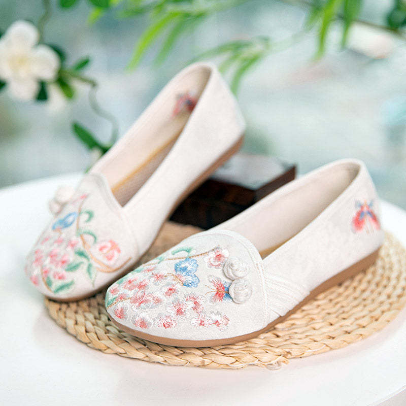 Delicate Butterfly and Pink Peach Blossom Embroidered Shoes-Lovesyouforever