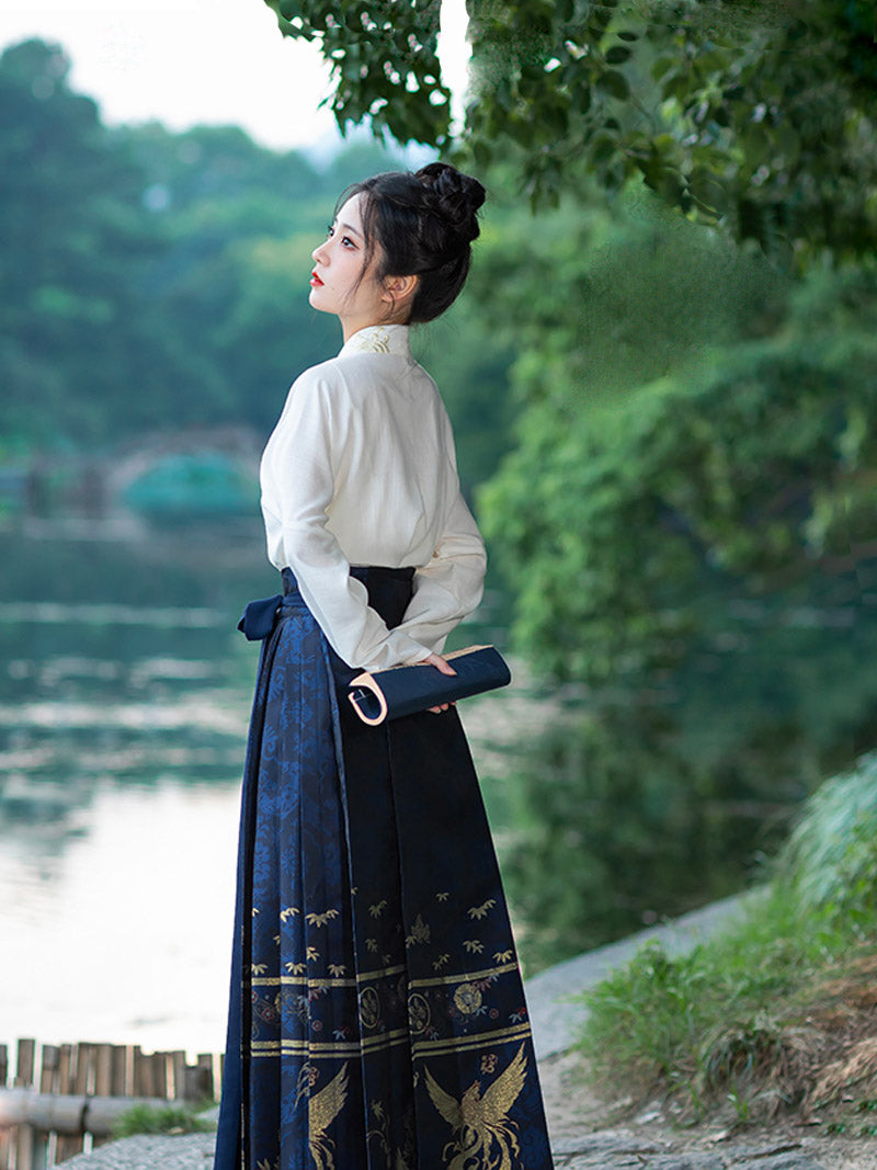 Woven Gold Phoenix and Xiangyun Floral Yarn-dyed Jacquard Cloth Mamianqun Hanfu Skirt Daily Wear-Lovesyouforever