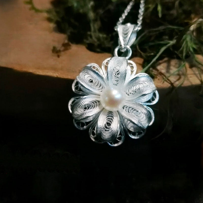Handcrafted Silver Filigree Inlaid Natural Freshwater Pearl Pendant Necklace-Lovesyouforever