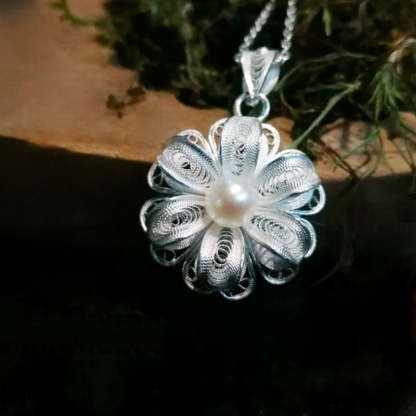 Handcrafted Silver Filigree Inlaid Natural Freshwater Pearl Pendant Necklace-Lovesyouforever