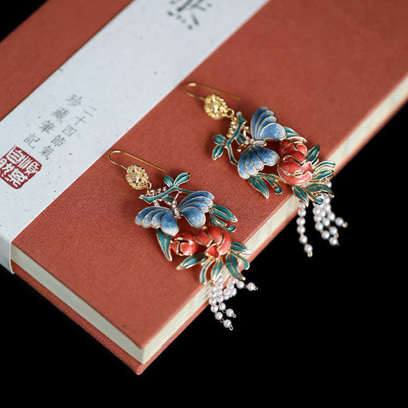 Ancient Chinese Style Butterfly and Flower Artificial Pearl Tassel Earrings-Lovesyouforever