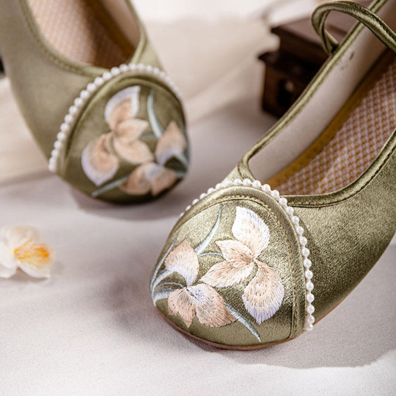 Orchid Flower Embroidery Ankle Strap Low Heel Shoes-Lovesyouforever