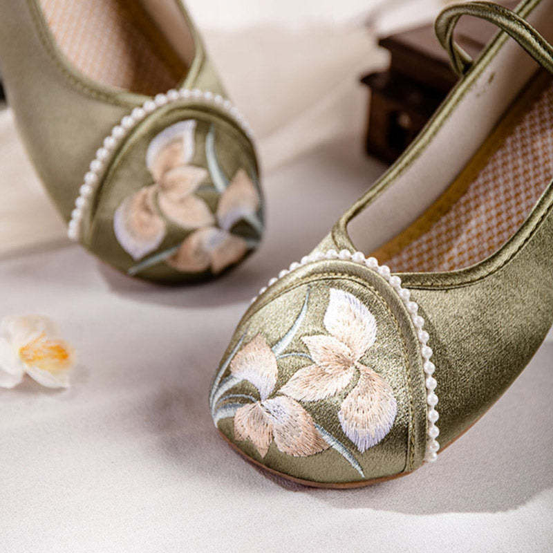 Orchid Flower Embroidery Ankle Strap Low Heel Shoes-Lovesyouforever