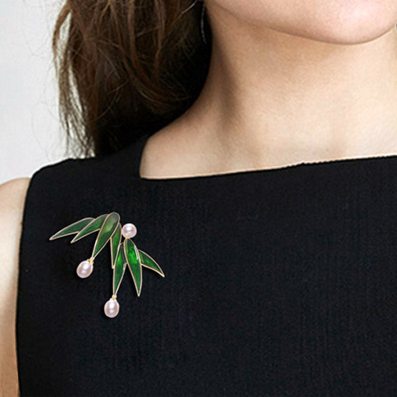 Bamboo Leaves in the Rain - Classic Bamboo Leaf Brooch Pin Adorned with Freshwater Pearls-Lovesyouforever