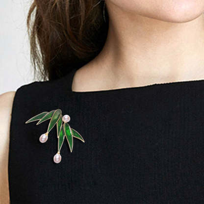 Bamboo Leaves in the Rain - Classic Bamboo Leaf Brooch Pin Adorned with Freshwater Pearls-Lovesyouforever
