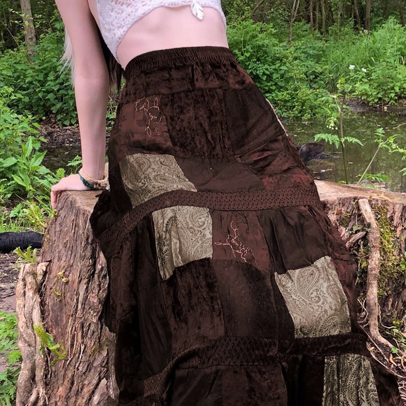 Vintage Velvet Patchwork Retro Tribal Print Skirt: Embrace the Wasteland Fashion Trend-Lovesyouforever
