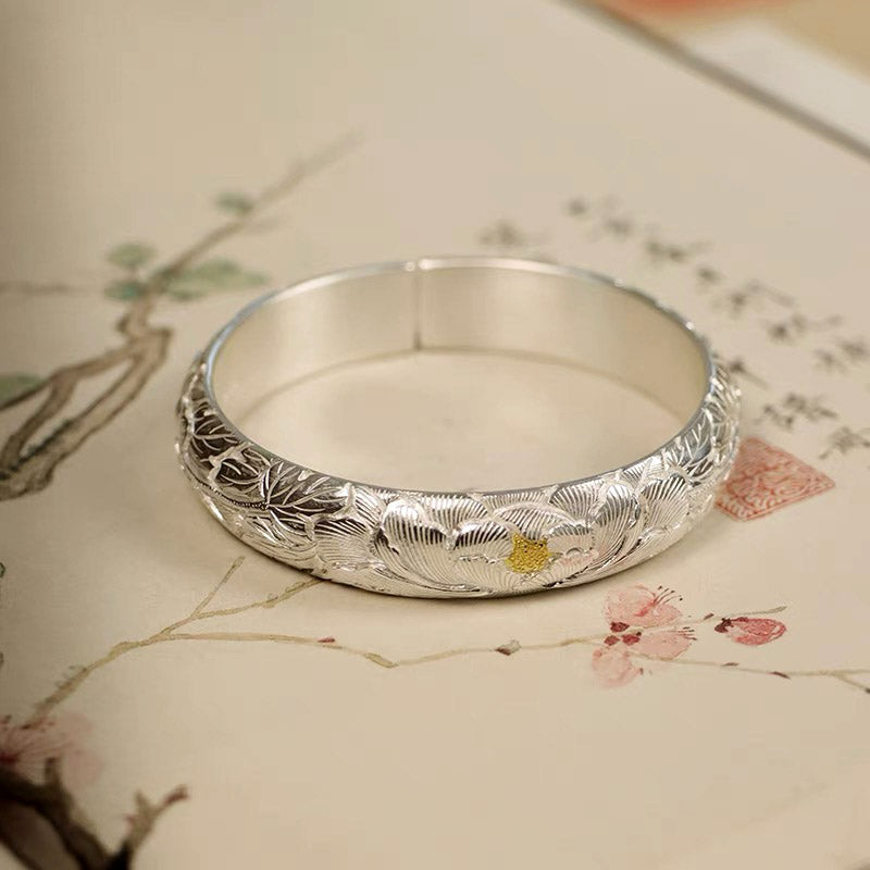 Hand-Carved Chinese Style Vintage Peony Pattern Pure Solid Silver with Gold Inlay Opening Bangle Bracelet-Lovesyouforever