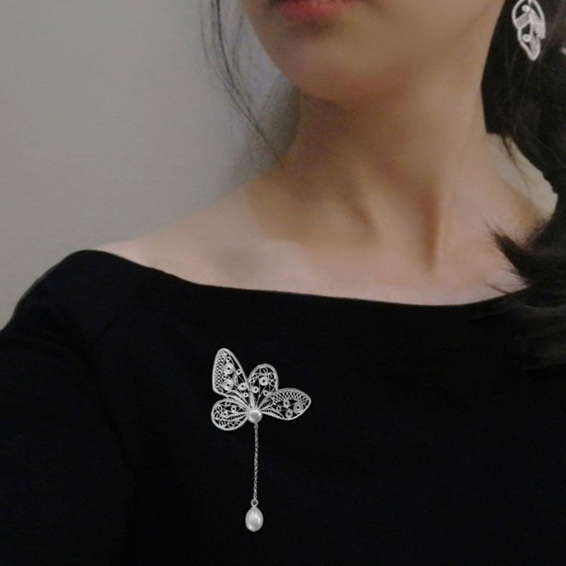 Vintage Plain Silver Filigree Butterfly Brooch/Pendant with Natural Freshwater Pearls-Lovesyouforever