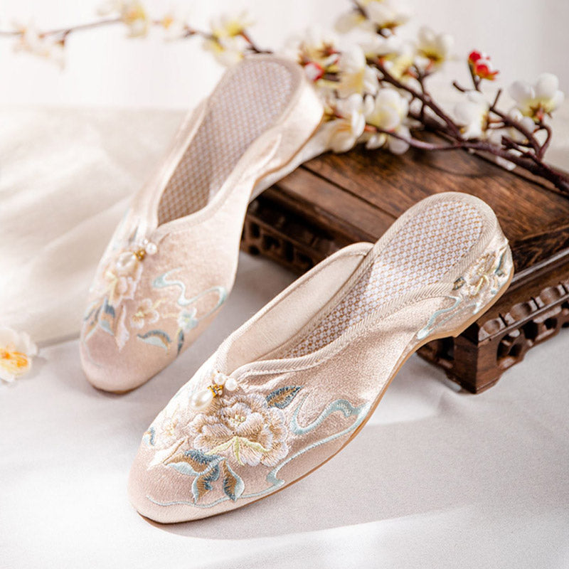 Vintage Peony Embroidery Pearl Buckle Slippers-Lovesyouforever