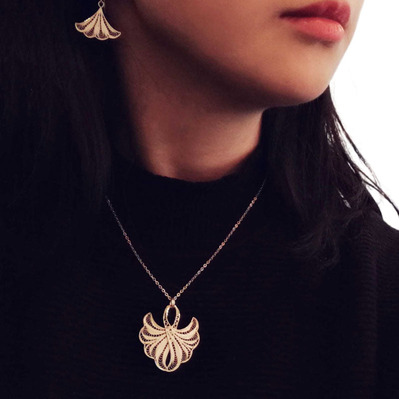 Handmade Vintage Plain Silver Filigree  Ginkgo Leaf Necklace and Earrings-Lovesyouforever