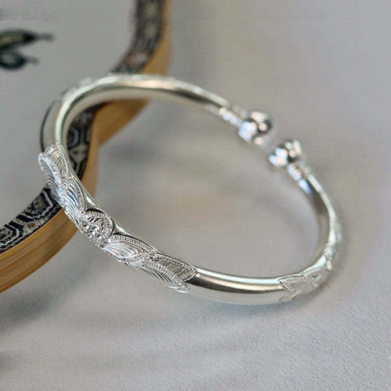 Hand Carved Retro Chinese Lotus Pattern Pure Solid Silver Bangle Bracelet with Pumpkin Shaped Opening-Lovesyouforever
