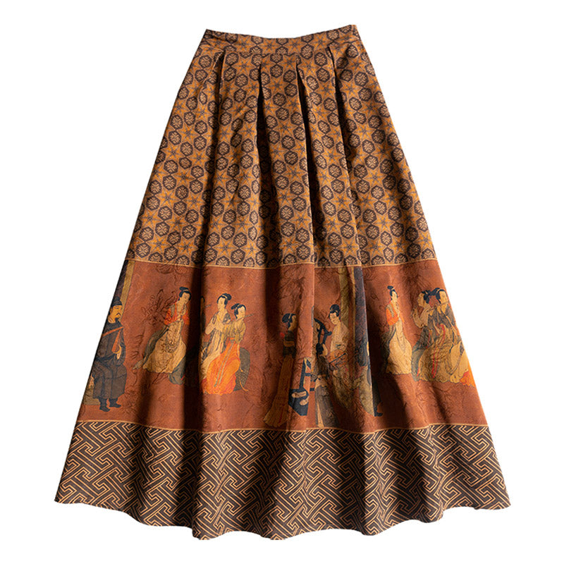 Vintage Chinese-style Mulberry Silk Court Banquet Print Retro Patterned Midi Skirt for Women-Lovesyouforever