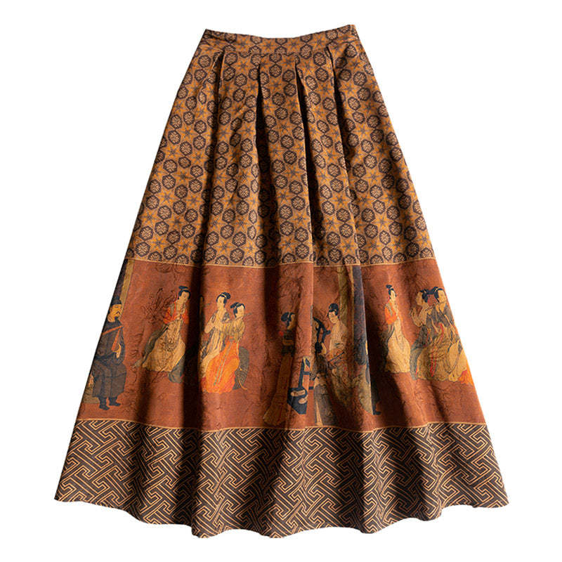 Vintage Chinese-style Mulberry Silk Court Banquet Print Retro Patterned Midi Skirt for Women-Lovesyouforever