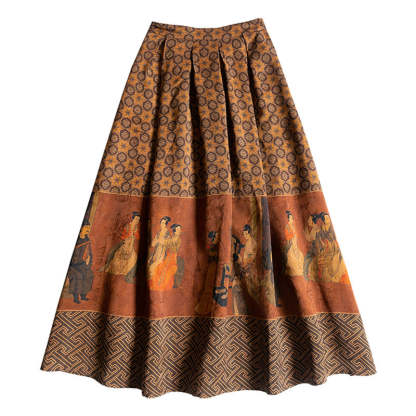 Vintage Chinese-style Mulberry Silk Court Banquet Print Retro Patterned Midi Skirt for Women-Lovesyouforever