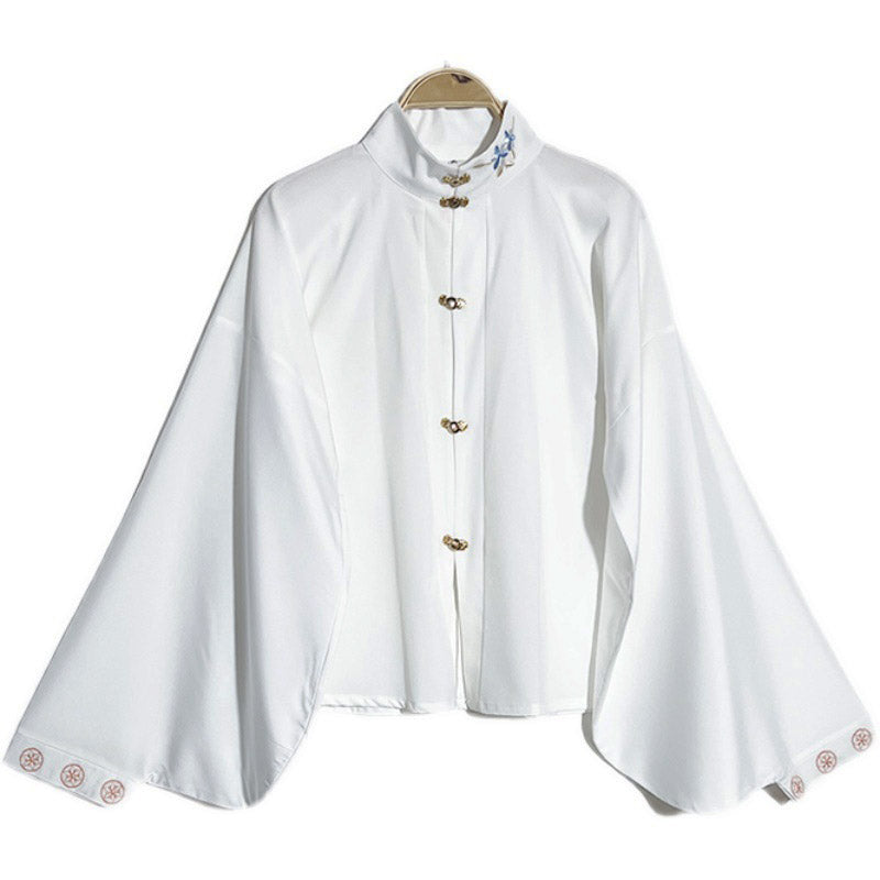 Ming Dynasty Stand-up Collar Han Element Solid Color Front Placket Daily Shirt Top-Lovesyouforever