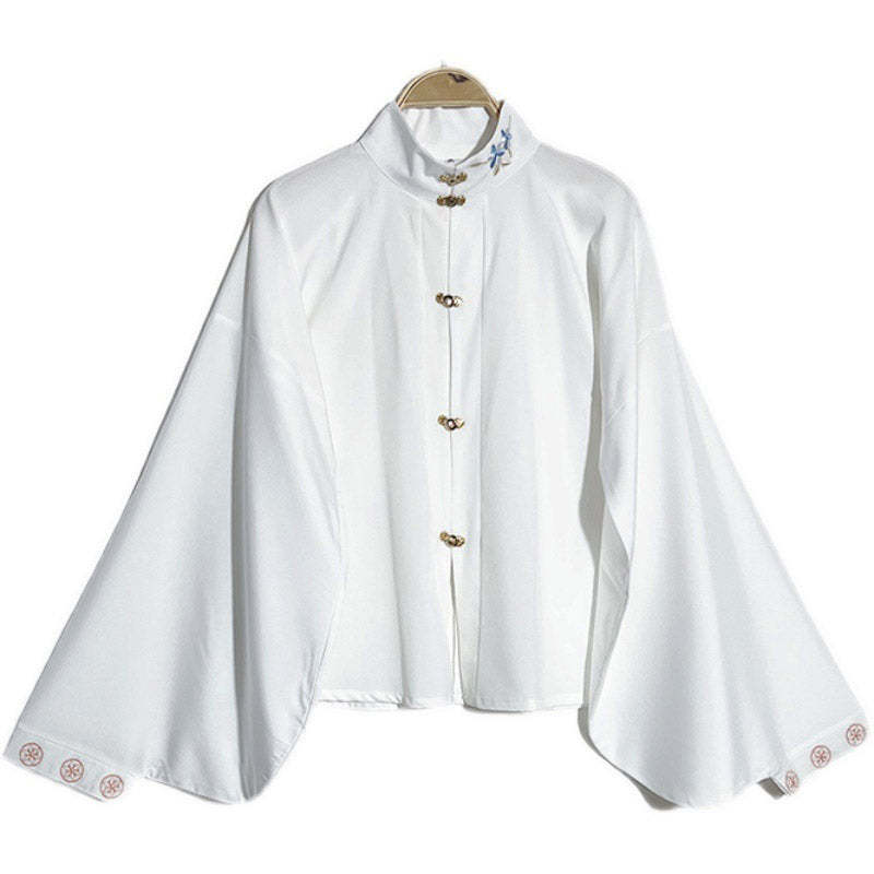 Ming Dynasty Stand-up Collar Han Element Solid Color Front Placket Daily Shirt Top-Lovesyouforever