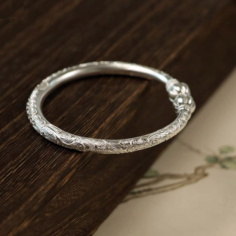 Vintage Chinese Style Hand-Carved Peony Flower Pure Solid Silver Bangle Bracelet with Pumpkin Shaped Opening Cuff-Lovesyouforever