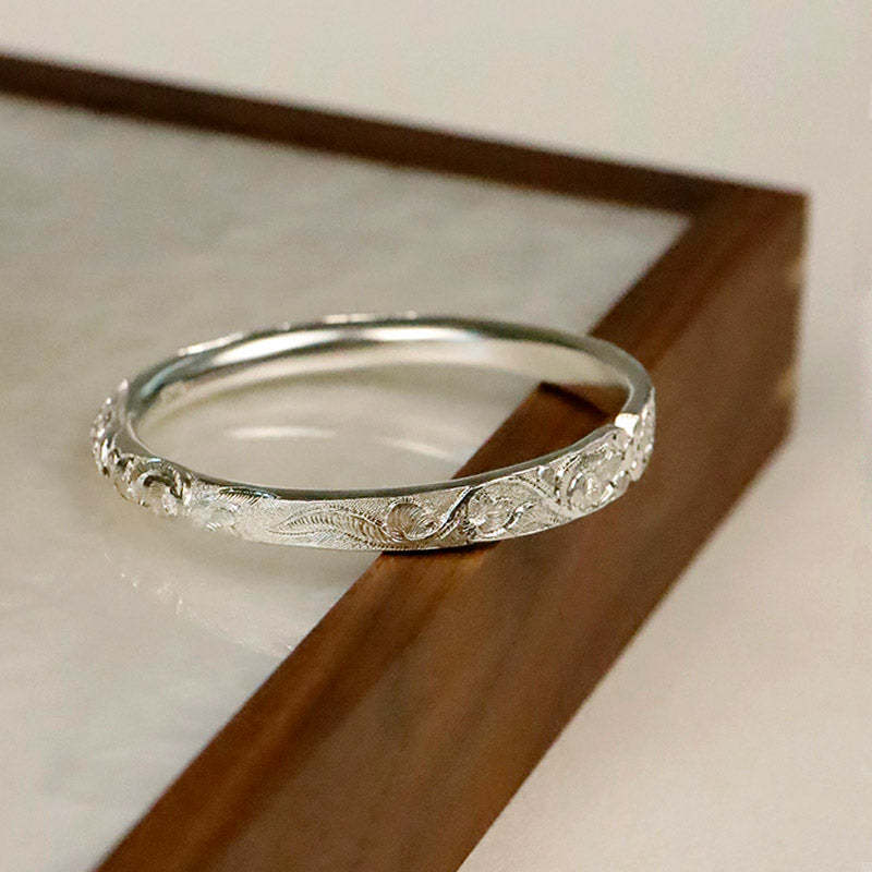 Hand Carved Chinese Style Vintage Vine Pattern Pure Solid Silver Bangle Bracelet-Lovesyouforever