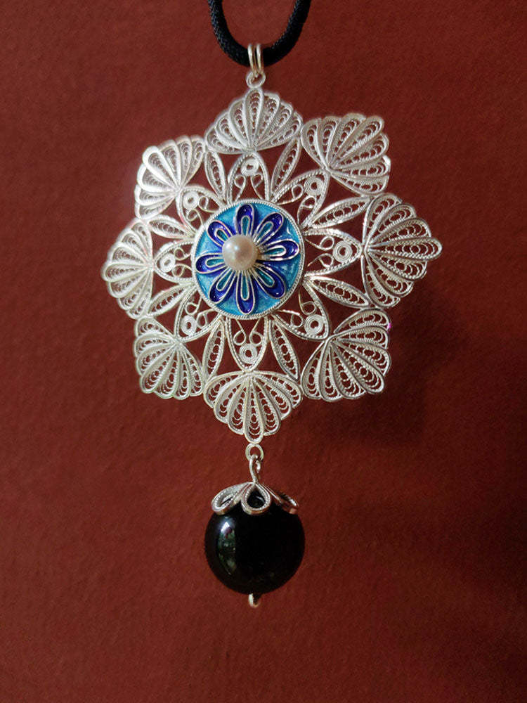 Vintage Cloisonné Silver Filigree Inlaid Freshwater Pearl Mandala Flower Necklace Pendant - Traditional Handcrafted Jewelry Gift-Lovesyouforever