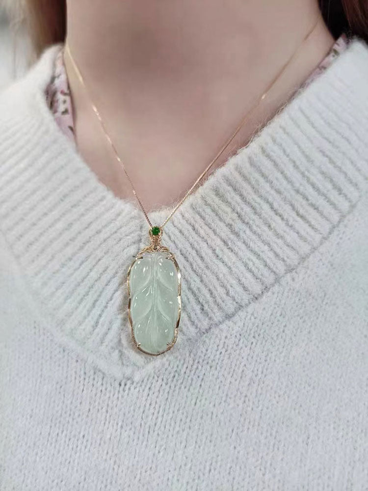 18K Gold Inlay Natural Ice Jadeite Jade Chinese「Jin Zhi Yu Ye」Golden Branch and Jade Leave Pendant Necklace-Lovesyouforever
