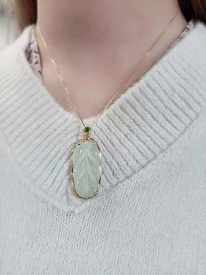 18K Gold Inlay Natural Ice Jadeite Jade Chinese「Jin Zhi Yu Ye」Golden Branch and Jade Leave Pendant Necklace-Lovesyouforever