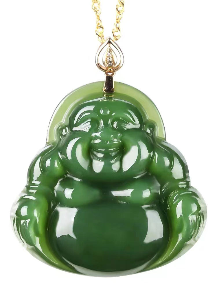 Emerald Green Natural Jadeite Jade Laughing Buddha「Happiness」Pendant Necklace for Men and Women-Lovesyouforever