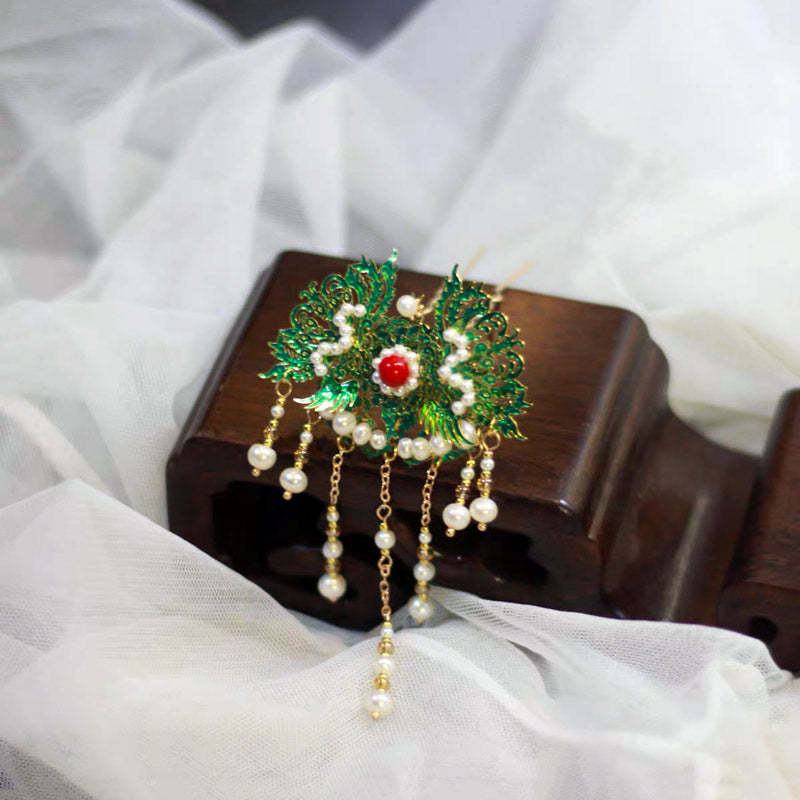 Retro Chinese Style Blue Cloisonne Pearl Tassel Hairpin Hanfu Accessory-Lovesyouforever