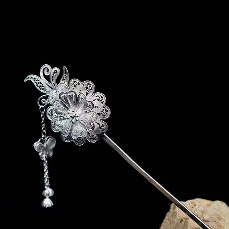 Handcrafted Vintage Chinese Style 999 Sterling Silver Double Flower Filigree Hairpin with Butterfly and Buds Tassel-Lovesyouforever
