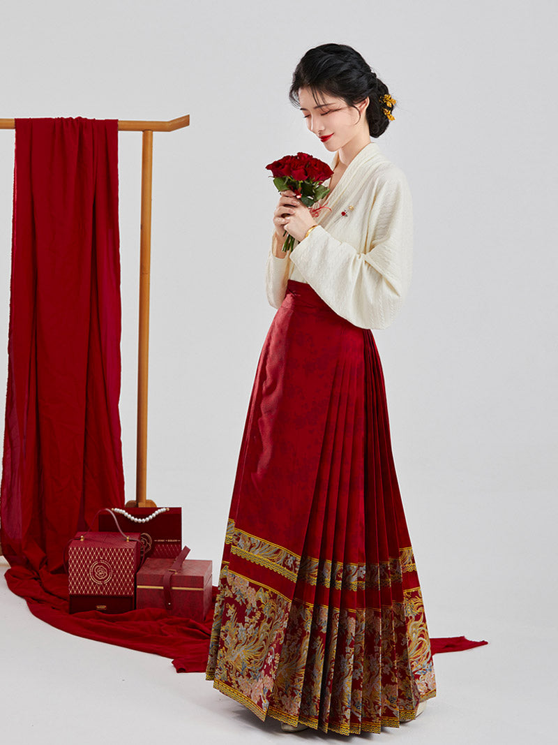 Vintage Chinese Style Phoenix and Peony Pattern Embroidery Mamianqun Hanfu Skirt-Lovesyouforever