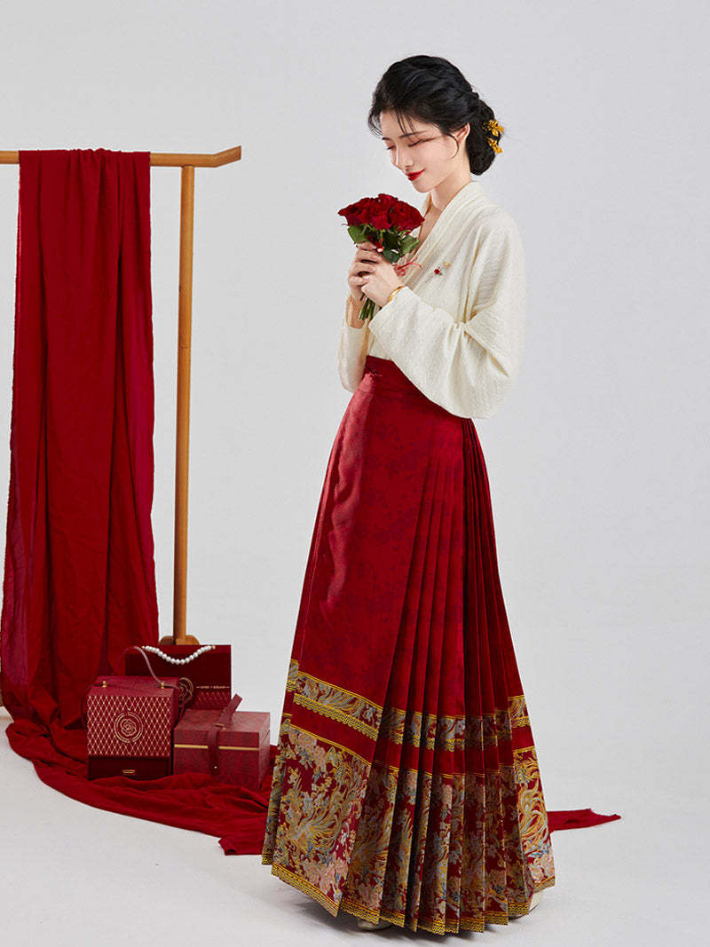 Vintage Chinese Style Phoenix and Peony Pattern Embroidery Mamianqun Hanfu Skirt-Lovesyouforever