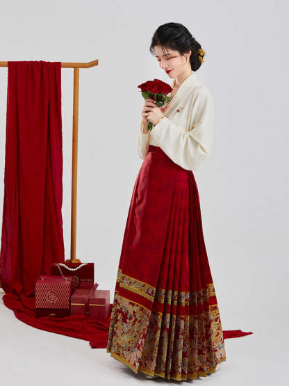 Vintage Chinese Style Phoenix and Peony Pattern Embroidery Mamianqun Hanfu Skirt-Lovesyouforever