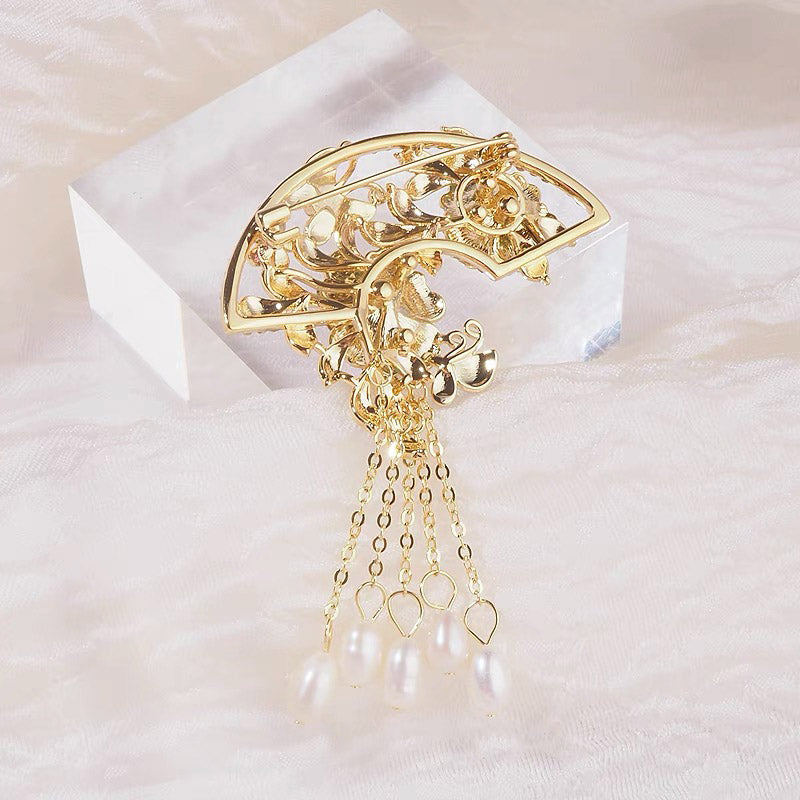 Chinese Cloisonné Pink Peony Fan-Shaped Brooch with Freshwater Pearl Tassel-Lovesyouforever